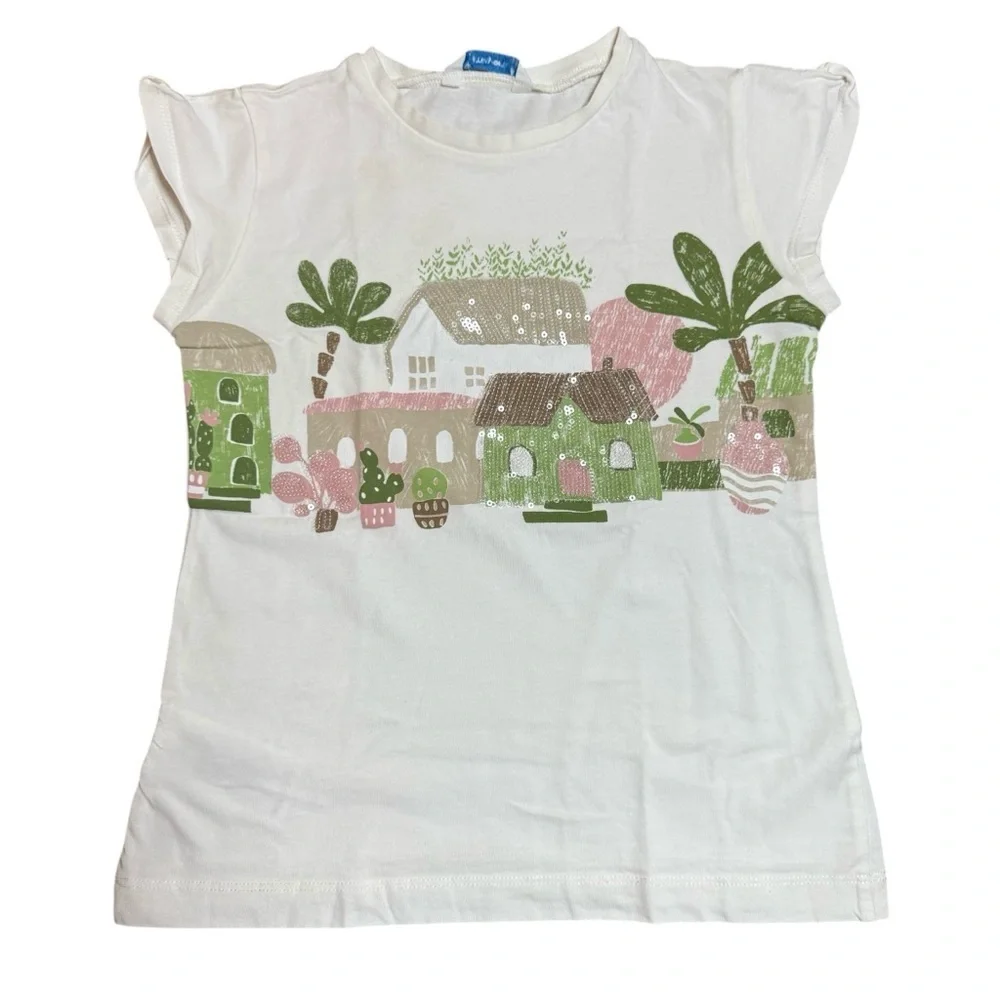 Mayoral Girls White Graphic T-Shirt Village Houses Palm Trees Short Sleeve-7